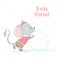 Lovely cute cheerful mouse rolls a big snowball. Winter card with cartoon style animal