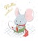 Lovely cute cheerful mouse sits in a chair and drinks cocoa. Winter card with cartoon style animal
