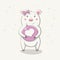 Lovely cute cheerful piggy with Ð¡hristmas ball with heart. Big Valentine. Card with cartoon animal