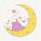 Lovely cute cheerful piggy resting on the moon with balloon star. Valentine card