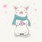 Lovely cute cheerful piggy sits in a funny scarf with cup with a heart in hands. Card with cartoon animal.