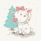 Lovely cute cheerful piggy tangled in garland sit near the Christmas tree.