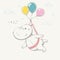 Lovely cute hippo flies in balloons after flock of birds. Series of school children`s card with cartoon style animal