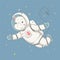 Lovely cute hippo flies in space with the space station. Space series of children`s card