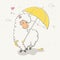 Lovely cute jumping llama / guanaco with a yellow umbrella with