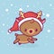 Lovely cute kawaii chibi. deer side view running under snow. Merry christmas and a happy new year