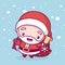 Lovely cute kawaii chibi. santa claus with a bag of gifts and a bell under a snowfall. Merry christmas and a happy new year