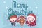 Lovely cute kawaii chibi. santa claus, deer and elf under the snow. Merry christmas and a happy new year. greeting card
