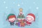 Lovely cute kawaii chibi. Santa Claus and the elf decorate the New Year tree under the snow.