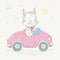 Lovely cute kitty girl is driving the pink car. Young fashion driver. Summer series of children`s card