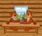 Lovely cute little bears eat forest berries with milk in an old log cabin