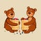 Lovely cute little bears sit in embrace with Russian national dishes made of birch bark full of wild berries