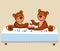 Lovely cute little teddies are sitting at a long table and eating wooden berries with wooden spoons with milk