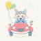 Lovely cute raccoon boy is driving the car. Young racer with the glasses and the color balloons. Summer series of children`s card