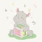 Lovely cute rhino sits and hugs a cube with numbers. Series of school children`s card with cartoon style animal