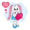 Lovely and cute Teddy Bunny. Cartoon white rabbit with heart.