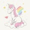 Lovely cute unicorn sits on white cloud with rainbow. Love cartoon animal.