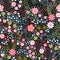 Lovely ditsy floral pattern. Seamless pattern with flowers, leaves and berries on black background. Fashion print for fabric