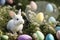 Lovely easter fluffy bunny on green lawn and easter eggs. Holiday concept,