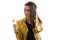 Lovely elegant woman in golden jacket with champagne