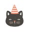 Lovely face or head of cat wearing party hat for birthday celebration. Funny cartoon muzzle of pussycat isolated on