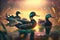 Lovely family of ducks swim in the lake, colorful glow realistic fantasy shiny background, wild duck illustration Generative AI