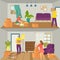 Lovely family people character together moving house, couple change apartment flat vector illustration, comfortable home