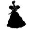 Lovely female ball gown silhouette in vintage style. Bride. Long antique black dress with white frill, curly combed hair
