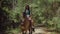 Lovely female riding brown horse on rural road