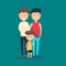 Lovely flat design vector illustration on gay family. Two adult men and small baby standing together.