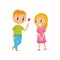 Lovely flat vector illustration of two little kids. Boy giving flower to girl. First love. Valentine s Day