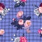 Lovely floral seamless pattern with semi-colored bunches of pink roses against purple background with grungy intersected