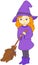 Lovely friendly witch with broom. Vector illustration for Hallow