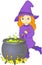 Lovely friendly witch with red hair brews a potion in a cauldron