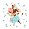 Lovely funny spotted cow rejoices and dances against the background of daisies. Funny cartoon animal farm character vector