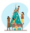 Lovely girls decorate the Christmas tree. Funny vector illustration.