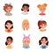 Lovely girls set, avatars of cute little kids with different emotions and hairstyles vector Illustrations on a white