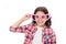 Lovely glance. Kid girl heart shaped eyeglasses cheerful. Girl curly hairstyle adorable smiling face. Child charming