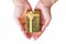 A lovely golden gift box with woman\'s hand.