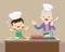 Lovely grandmother and child boy cooking in kitchen