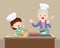 Lovely grandmother and child girl cooking in kitchen