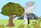 Lovely greece female, male pair wedding under tree flat vector illustration. Natural mountain landscape, volcano