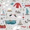 Lovely hand drawn Iceland seamless pattern, doodle animals, houses, mountains - great for textiles, wrapping, banners, wallpapers