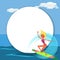 Lovely happy cartoon girl surfing in blue ocean