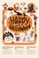 Lovely holiday Happy Halloween flyer template with funny and spooky cartoon characters and place for text. Vector