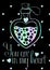 Lovely holographic greetings card on black background with holographic magic heart shaped bottle.