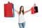 Lovely joyful girl smiling and rising up colored shopping bags