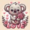 A lovely koala pose in cute with pink flower, in a love scene, love sign arounds, cartoon, digital art