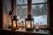 lovely lanterns in window with view of snowy winter landscape