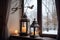 lovely lanterns in window with view of snowy winter landscape